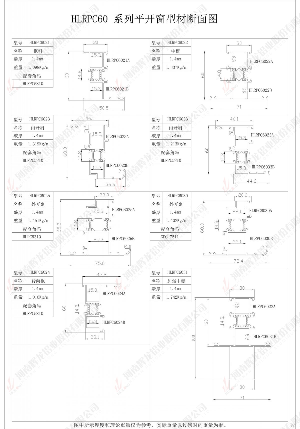 HLRPC60 series casement window profile sectional view