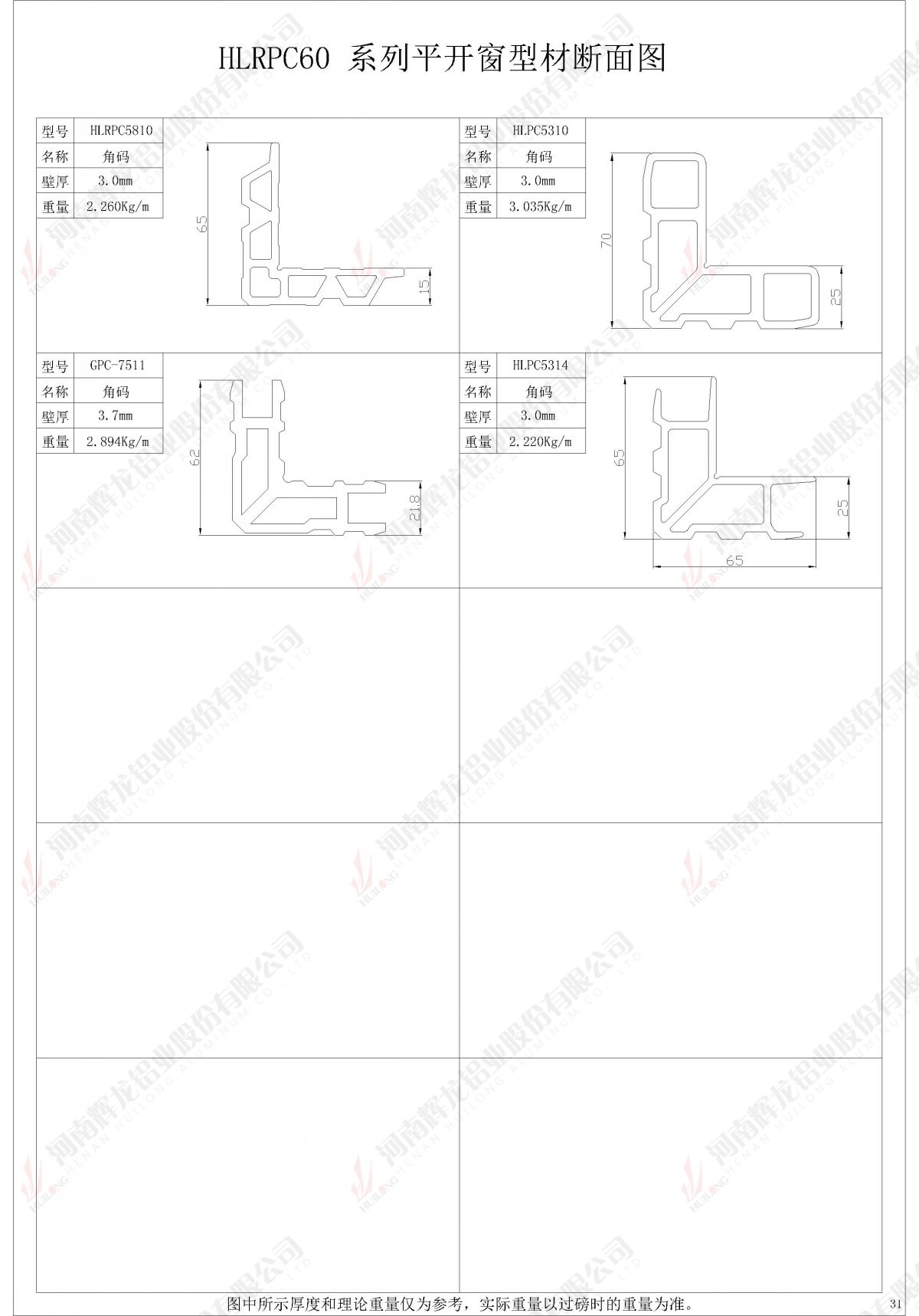 HLRPC60 series casement window profile sectional view